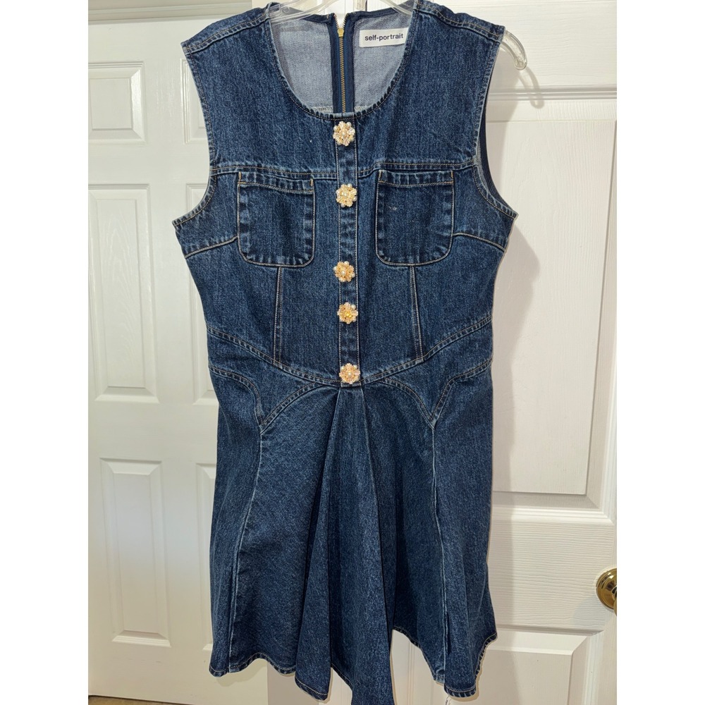 Self-Portrait Skater Denim Mini Dress  Button Fit Flare US‎ 12 UK 16 - Picture 5 of 10